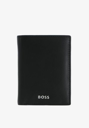 Portefeuille bi-fold en cuir noir avec des coutures soignées et le logo argenté "BOSS" centré près du bord inférieur sur fond blanc.