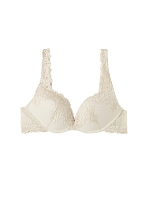 Beiges Spitzen-BH mit gepolsterten Cups, strukturiertem Stoff, breiten, mit Spitze verzierten Trägern und Wellenkanten. Verfügt über einen glatten Bund und florale Akzente.