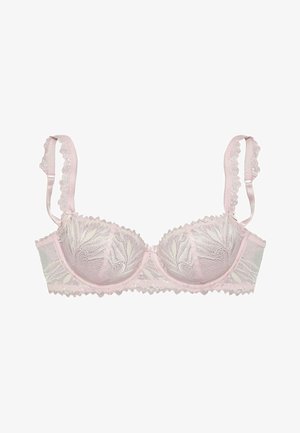 Rosa Spitzen-BH mit gemusterten Cups, gewelltem Rand und verstellbaren Trägern. Verfügt über ein zartes Blumenmuster und eine weiche Oberfläche.