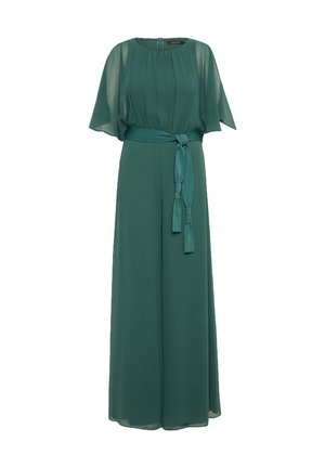 Teal chiffon jumpsuit with short sleeves, pleated bodice, and waist tie. Flowy design with wide legs, featuring a round neckline and keyhole back.