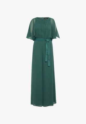 Chabrowy kombinezon z szyfonu z krótkimi rękawami, plisowanym korpusem i paskiem w talii. Zwiewny fason z szerokimi nogawkami, z okrągłym dekoltem i wycięciem na plecach.