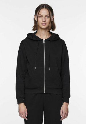 Felpa nera con zip realizzata in tessuto morbido, con cappuccio, tasche frontali e polsini a costine. Design semplice senza motivi o dettagli visibili.