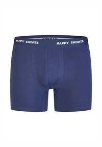 Granatowe bokserki o dopasowanym kroju, wykonane z miękkiego materiału. Posiadają kontrastujący biały pas z napisem „HAPPY SHORTS”.