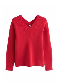 Czerwony sweter z prążkowanego dzianiny z szerokim dekoltem w serek i długimi rękawami. Gładka tekstura i luźny krój zapewniający komfort i swobodę ruchów.