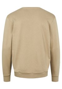 Beige crewneck-tröja med långa ärmar, ribbade muddar och nederkant. Mjukt tyg med minimal sömnadsdetalj på baksidan.
