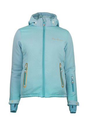 Veste softshell bleu clair avec capuche, dotée de poches zippées et de motifs en points texturés sur le haut de la poitrine. Accents dorés présents.