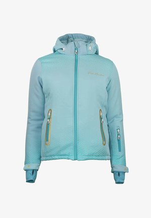 Veste softshell bleu clair avec capuche, dotée de poches zippées et de motifs en points texturés sur le haut de la poitrine. Accents dorés présents.