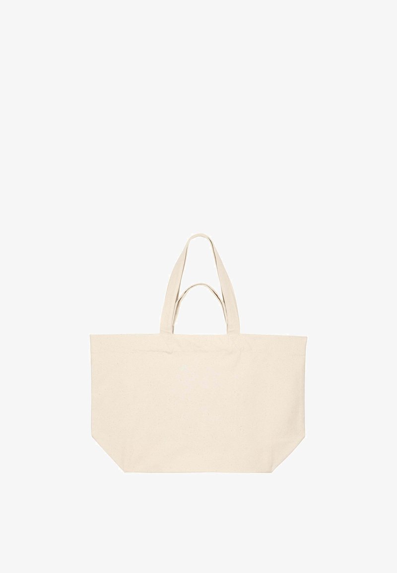Grand sac fourre-tout rectangulaire en toile beige avec deux paires de poignées, une courte et une longue, sur fond blanc.