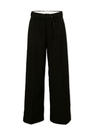 Pantaloni neri a gamba larga con vita elastica e coulisse nera, mostrati distesi su sfondo bianco.