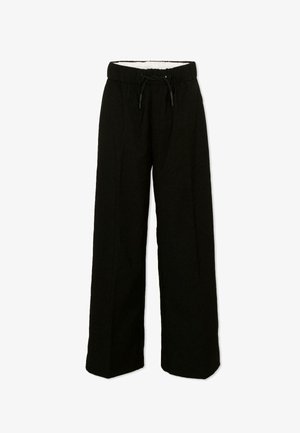 Pantalon noir à jambes larges avec taille élastique et cordon noir, présenté à plat sur un fond blanc.
