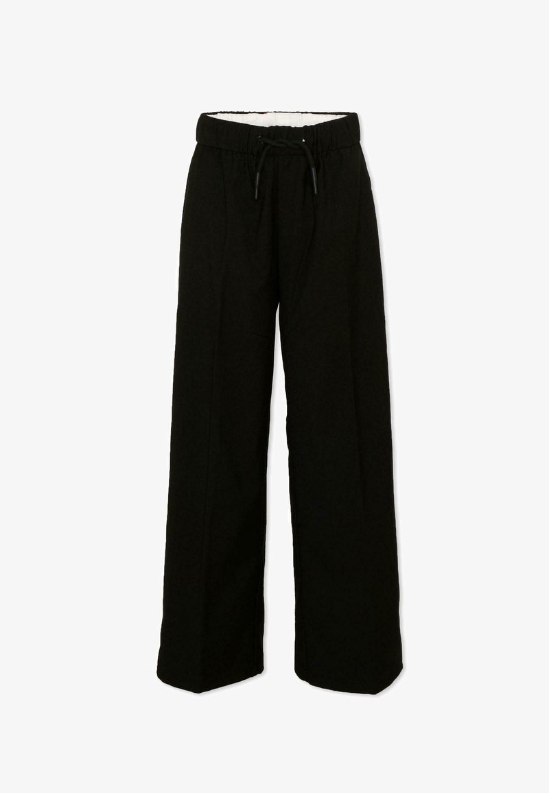 Pantalon noir à jambes larges avec taille élastique et cordon noir, présenté à plat sur un fond blanc.