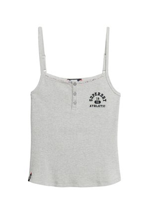 Szary prążkowany top na ramiączkach z cienkimi paskami, z zapięciem na guziki i graficznym logo z napisem "Superdry 1986 Athletic."