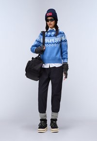 Maglione blu lavorato a maglia con motivi bianchi, guanti grigi senza dita, pantaloni neri, borsa nera, scarpe con suola bianca e piattaforme, e un berretto blu.