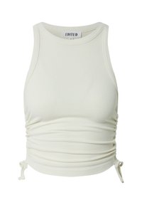 Witte geribde tanktop met ronde halslijn, zijraffing en verstelbare banden aan de onderkant. Gemaakt van een zachte, rekbare stof.