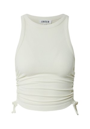 Weißes, geripptes Tanktop mit rundem Ausschnitt, seitlicher Raffung und verstellbaren Bindebändern am Saum. Hergestellt aus einem weichen, dehnbaren Material.
