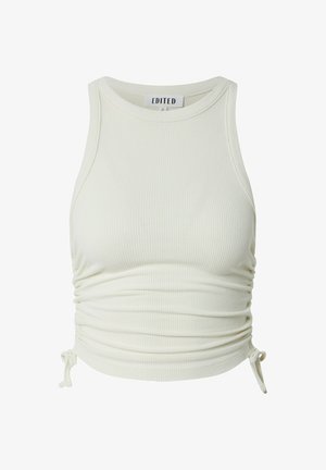 Weißes, geripptes Tanktop mit rundem Ausschnitt, seitlicher Raffung und verstellbaren Bindebändern am Saum. Hergestellt aus einem weichen, dehnbaren Material.