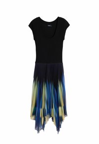 Must mustriga kleit, millel on volditud gradient seelik, mis üleminekult sügavalt sinisest kollasele. Kleidil on laiemad õlavarreaukud ja asümmeetriline äär.