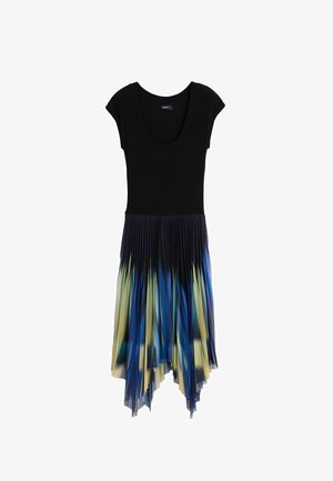 Zwart jurkje met korte mouwen en een geplisseerde gradient rok die overgaat van diepblauw naar geel, met een ronde hals en een asymmetrische zoom.