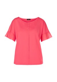 Short-sleeved, bright pink top featuring pleated accents on sleeves and a round neckline with a center seam detail. Soft fabric texture.