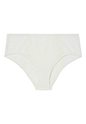 Witte slip gemaakt van gladde stof met kantdetails aan de zijkanten, met een hoge taille ontwerp en een naadloze afwerking.