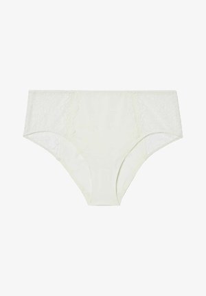 Witte slip gemaakt van gladde stof met kantdetails aan de zijkanten, met een hoge taille ontwerp en een naadloze afwerking.