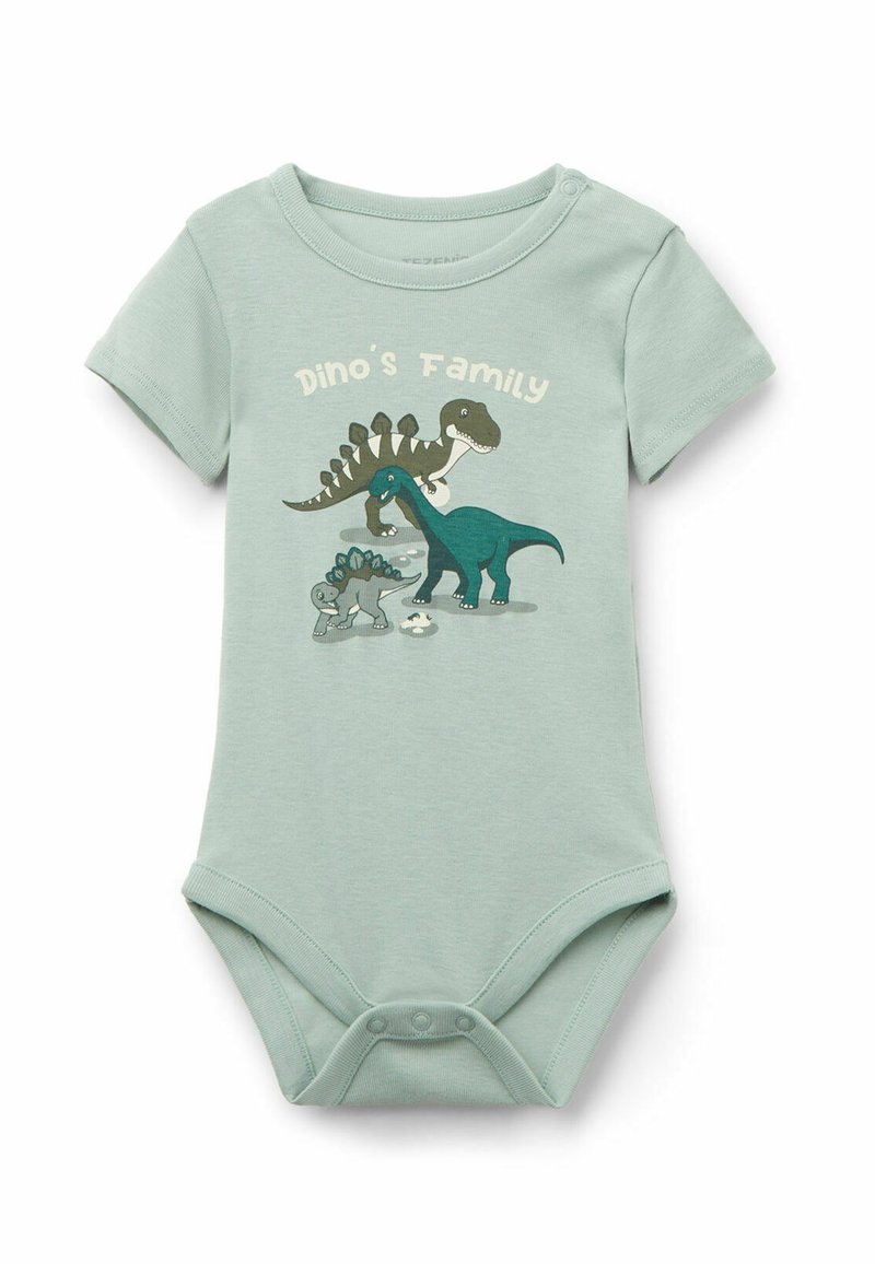 Jasnozielony bodziak dla niemowląt z rysunkowymi dinozaurami w ciemnozielonym i szarym kolorze. Wykonany z miękkiej bawełny, z zapięciem na zatrzask na dole.