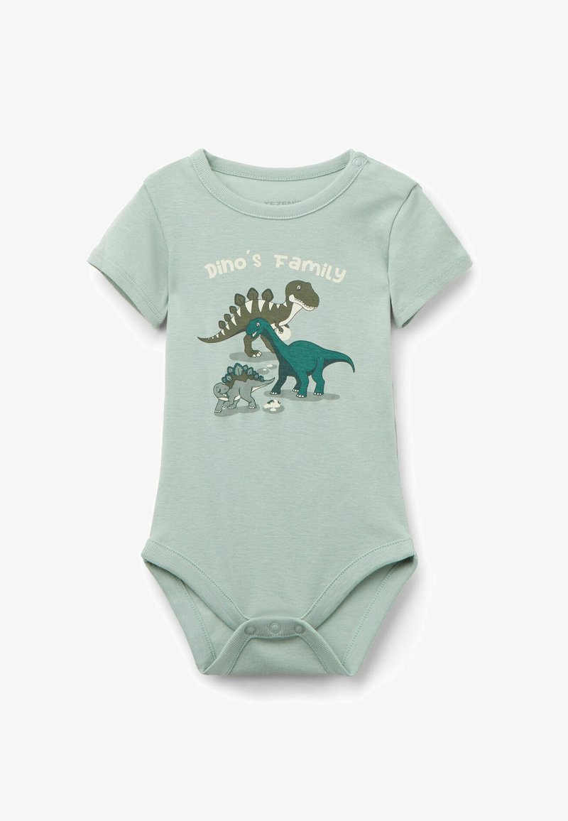 Bodysuit pour bébé vert clair avec des dinosaures en cartoon de couleur vert foncé et gris. Matière en coton doux avec fermeture à pression au bas.