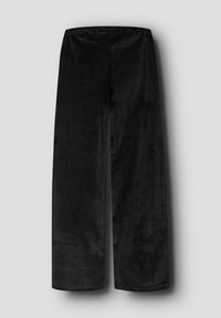 Melnas kordurojas plaša silueta bikses ar vertikālu ribotu tekstūru, gludu vidukļa jostu un taisni grieztiem kāju galiem. Nav redzamu metāla detaļu vai akcentu.