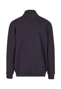 Dunkellila Sweatshirt mit hohem Kragen, langen Ärmeln und gerippten Bündchen. Glatte Textur, keine sichtbaren Muster oder Metallteile.