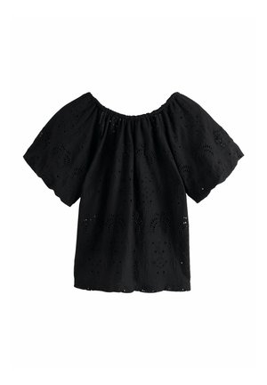 Czarna bluzka z odkrytymi ramionami, bufiastymi rękawami i detalami haftu z oczkami, ułożona na płasko na białym tle.