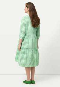 Grün und weiß kariertes Kleid mit einem gestuften Rock, 3/4 Ärmeln und tailliertem Schnitt. Getragen mit grünen Ballerinas, von hinten betrachtet.