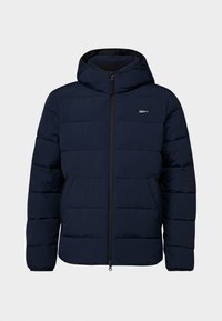 Marineblå quiltet dunjakke med hætte, frontlynlås og to sidelommer. Fremstillet af blødt materiale med en glat tekstur og minimal brandingdetalje.