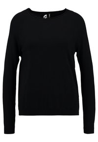 Schwarzer Langarmpullover mit Rundhalsausschnitt, aus weichem Strickmaterial gefertigt. Mit gerippten Bündchen und Saum ausgestattet. Glatte Textur ohne Muster.