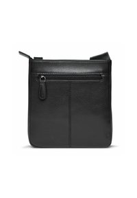 Borsa a tracolla in pelle nera con una texture liscia, dotata di una tasca anteriore con cerniera e un design rettangolare elegante. Include una tracolla regolabile.