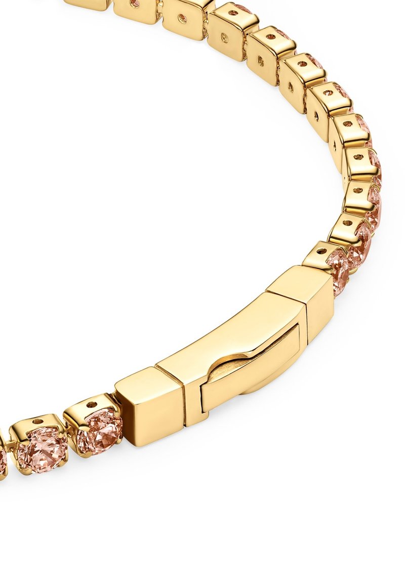 Bracelet en or avec des maillons carrés et des accents en cristal rose. Fini lisse avec un fermoir pour un port sécurisé.
