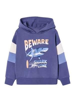 Blue hooded sweatshirt with white and light blue sleeve stripes, featuring a shark graphic and the text "Beware Shark Zone."