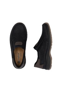 Schwarze Slipper mit einer Gummisohle, ausgestattet mit einem glatten Lederoberteil, einer gepolsterten Innensohle und braunen Akzenten an den Seiten.