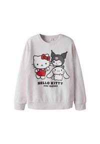 Felpa rosa chiaro con grafica di Hello Kitty e amici in nero e rosso. Tessuto morbido, scollo a giroclassico e polsini a costine.