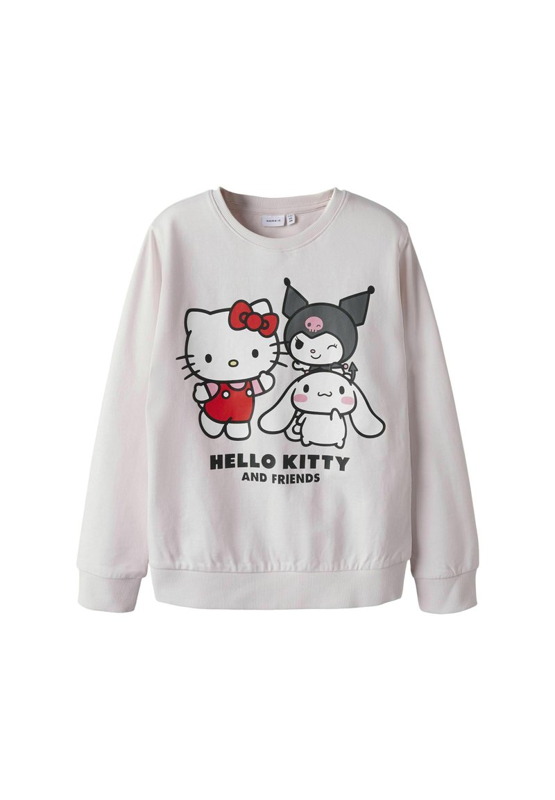 Felpa rosa chiaro con grafica di Hello Kitty e amici in nero e rosso. Tessuto morbido, scollo a giroclassico e polsini a costine.
