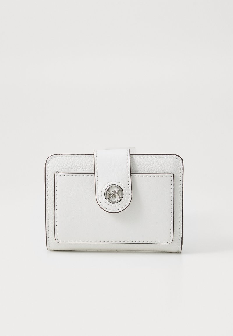 White leather wallet with a smooth texture, silver hardware, flap closure, and embossed logo. Structured rectangular shape, contrasting stitching.