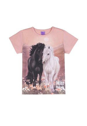 Child's pink shirt with a graphic of a black and white horse standing close in a flower field at sunset, "Miss Melody" text at bottom right.