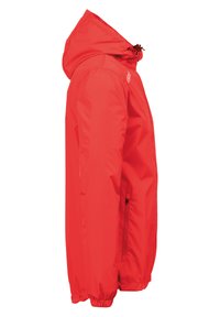 Giacca impermeabile rossa con cappuccio, polsini elastici e tasche laterali con zip. Presenta una texture liscia e un design leggero.