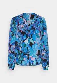 Blusa floreale in blu, verde e rosa vivaci. Realizzata in tessuto leggero con chiusura a bottoni e maniche lunghe. Presenta un orlo arrotondato.