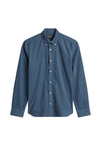 Langärmeliges Hemd mit Knöpfen aus tiefblauem Stoff. Verfügt über einen klassischen Kragen, vordere Knöpfe und eine taillierte Passform mit glatter Textur.