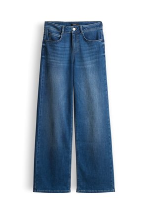 Jean large bleu en denim. Comprend cinq poches, une fermeture à bouton et un délavage, avec une coupe droite et sans embellissements.