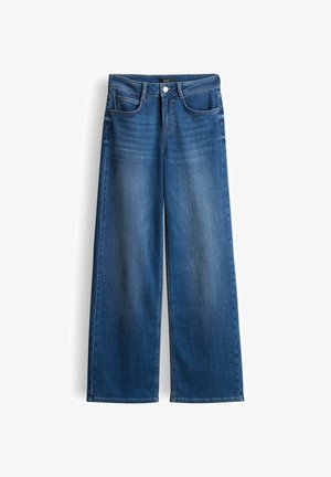 Blaue weite Jeans aus Denim. Verfügt über fünf Taschen, einen Knopfverschluss und eine ausgewaschene Optik, mit geradem Schnitt und ohne Verzierungen.