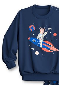 Navy sweatshirt featuring a graphic of a bear in a spacesuit riding a blue rocket amidst planets and stars, with ribbed cuffs and hem.