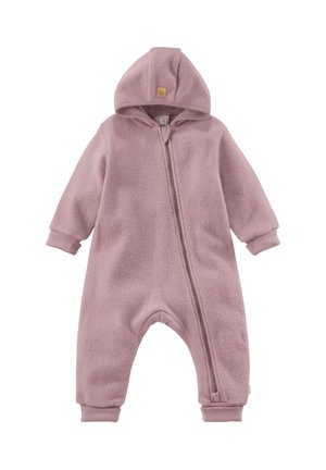 Weicher rosa Kapuzenfleece-Overall für Säuglinge mit langen Ärmeln, elastischen Bündchen an Handgelenken und Knöcheln sowie einem diagonal verlaufenden Reißverschluss vorne.