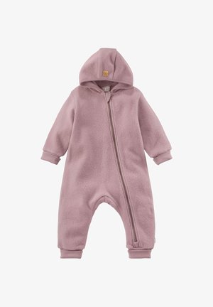 Weicher rosa Kapuzenfleece-Overall für Säuglinge mit langen Ärmeln, elastischen Bündchen an Handgelenken und Knöcheln sowie einem diagonal verlaufenden Reißverschluss vorne.