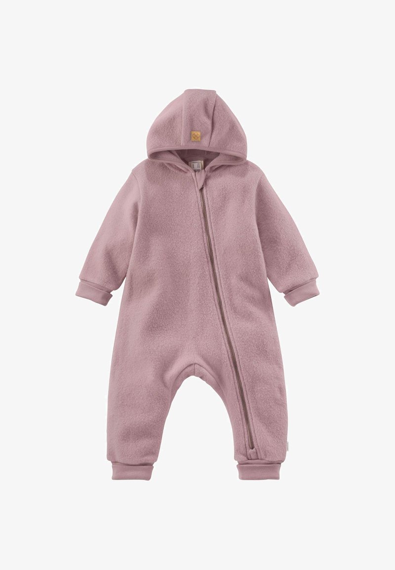 Zachte roze fleece romper met capuchon voor baby's, met lange mouwen, manchetpolsen en enkels, en een diagonale rits aan de voorkant.